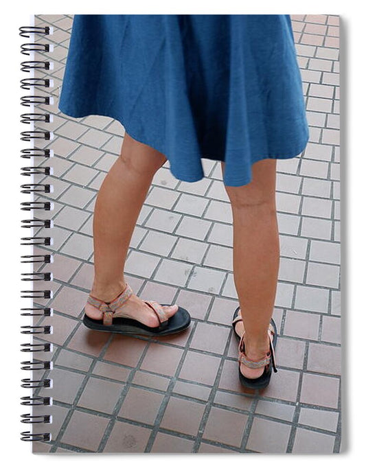 Woman in Blue Dress on Tiled Floor - Spiral Notebook