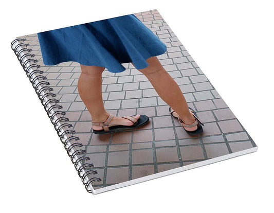 Woman in Blue Dress on Tiled Floor - Spiral Notebook